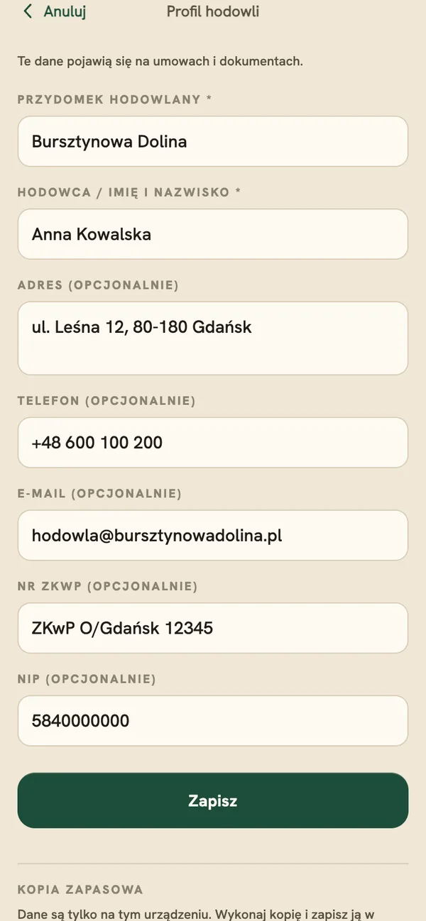 Profil hodowli w aplikacji Miotownik — dane przechowywane lokalnie na urządzeniu